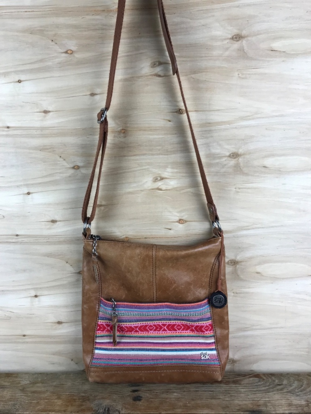 The Sak Brown Leather Boho Crossbody Woven Colorful Bag Purse Hippie - Picture 2 of 15